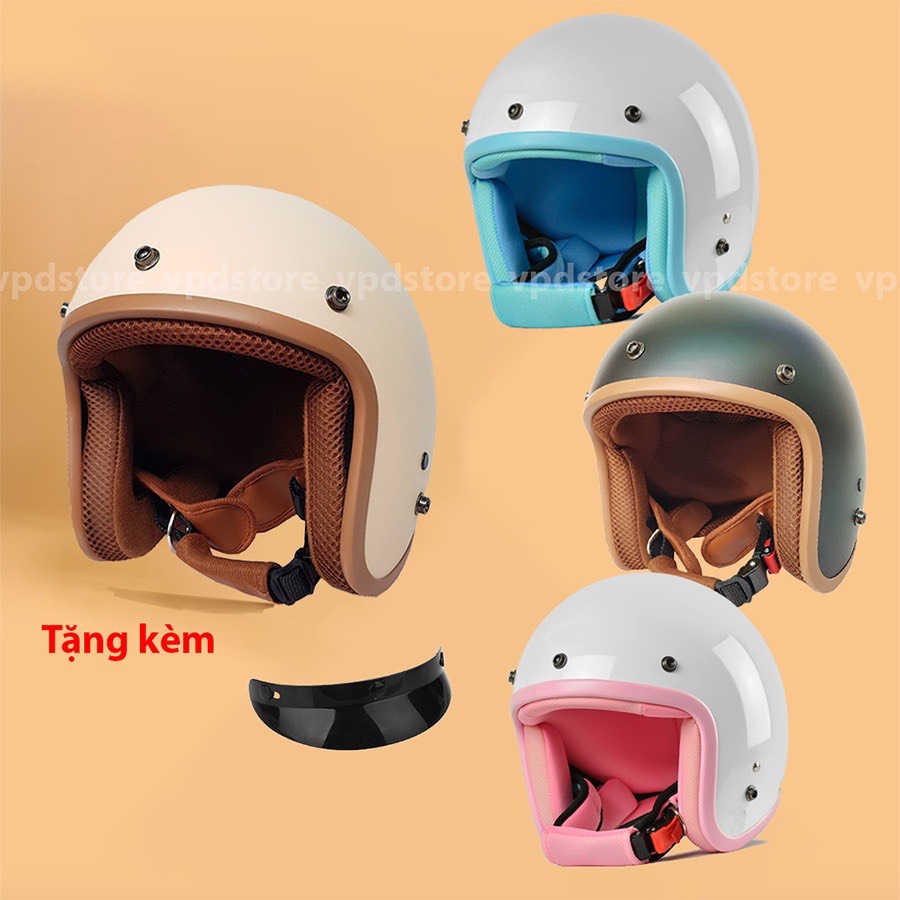 Nón bảo hiểm 3/4 đầu nhiều màu cao cấp, tặng kèm mỏ nón