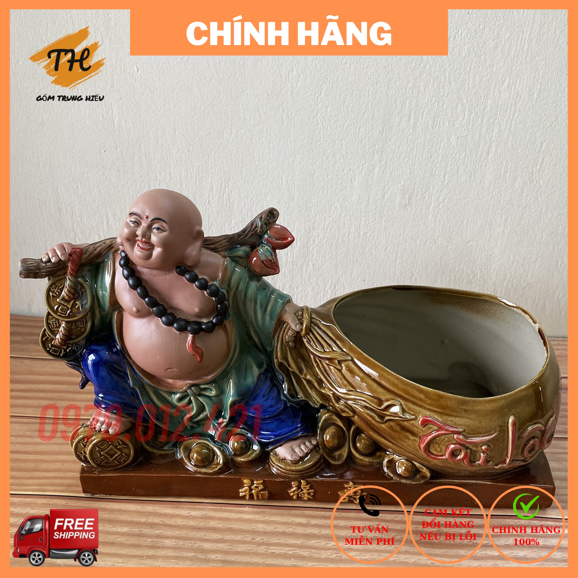 Freeship - Chậu tượng Phật Di Lặc kéo túi trồng cây bonsai tiểu cảnh đẹp trang trí sân vườn - gốm sứ bát tràng Trung Hiếu