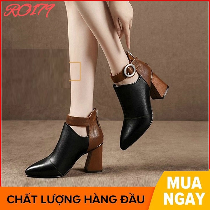 Giày boot bốt nữ cổ thấp 7 phân màu đen hàng hiệu rosata ro179