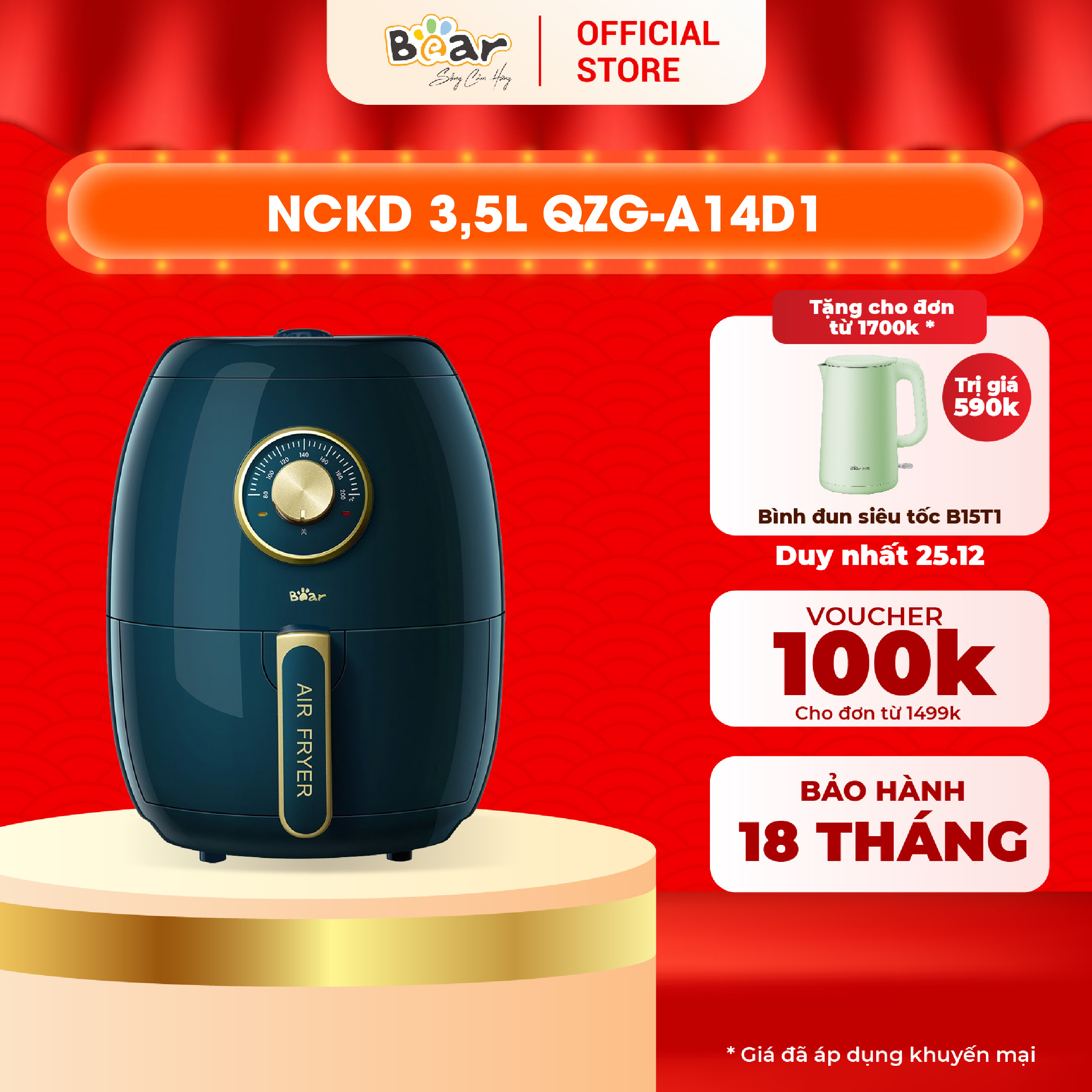 Nồi chiên không dầu Bear 3.6L QZG-A14D1 Lòng nồi thép không rỉ phủ chống dính - Bảo hành 18 tháng