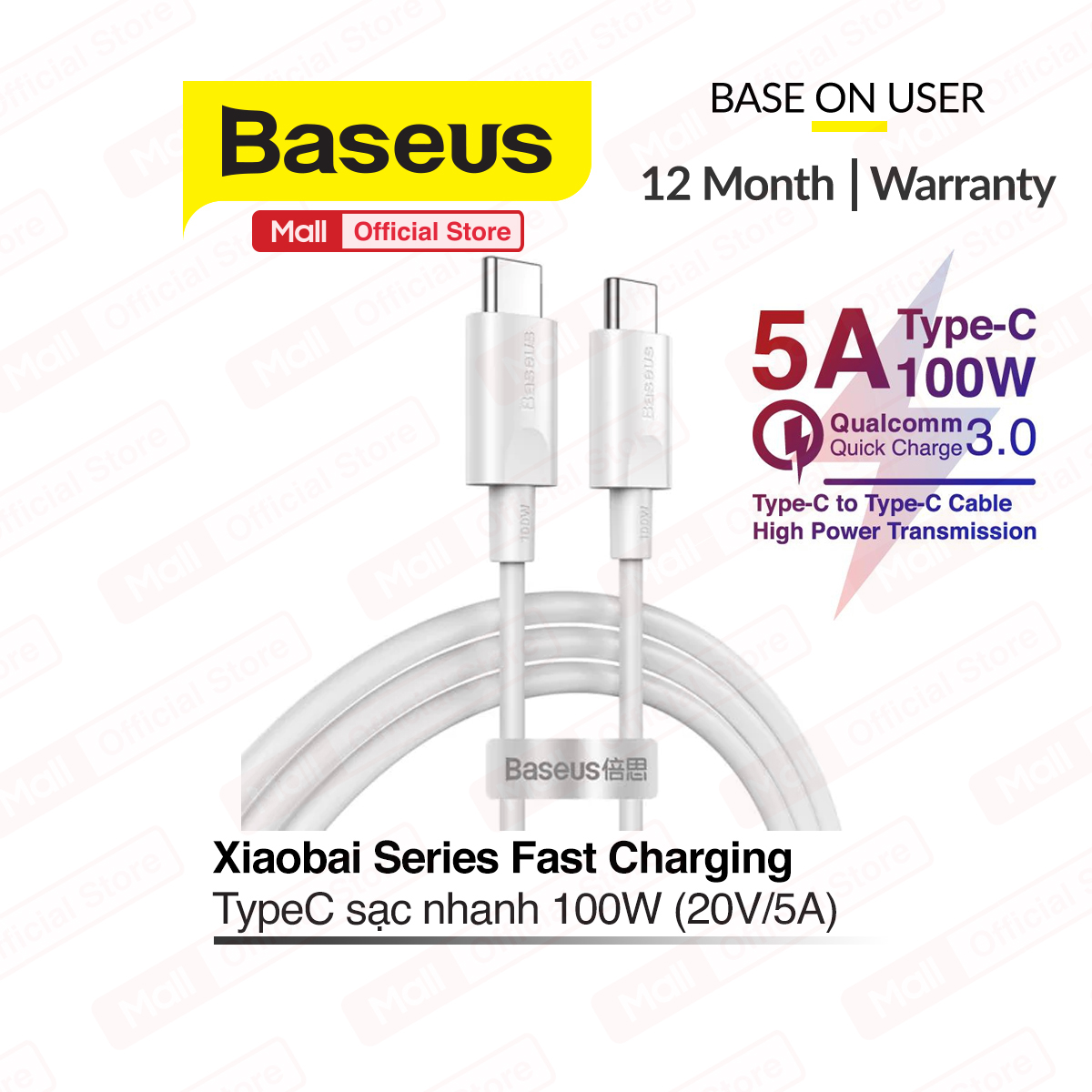 Cáp sạc nhanh siêu bền Baseus Xiaobai Series Type-C 100W (20V/5AType C Quick Charging & Sync Data TPE Cable) dài 1.5m