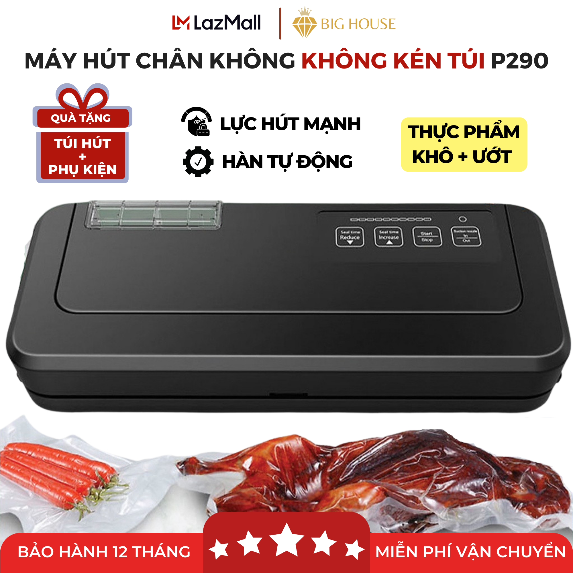 Máy Hút Chân Không, Không Kén Túi KAW P290, dùng cho mọi loại thực phẩm - Chính hãng bảo hành 1 đổi 1 tại Big House