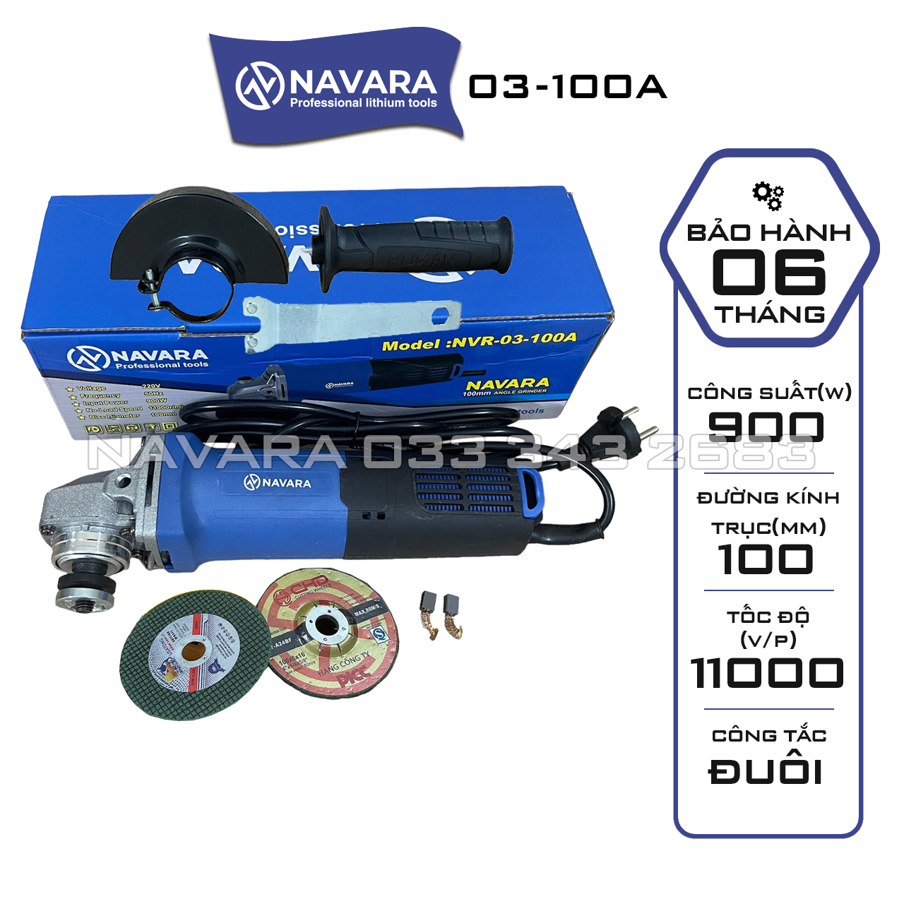Máy mài cầm tay NAVARA 03-100A Tặng đá mài + đá cắt, Công suất 900W, Dây đồng nguyên chất