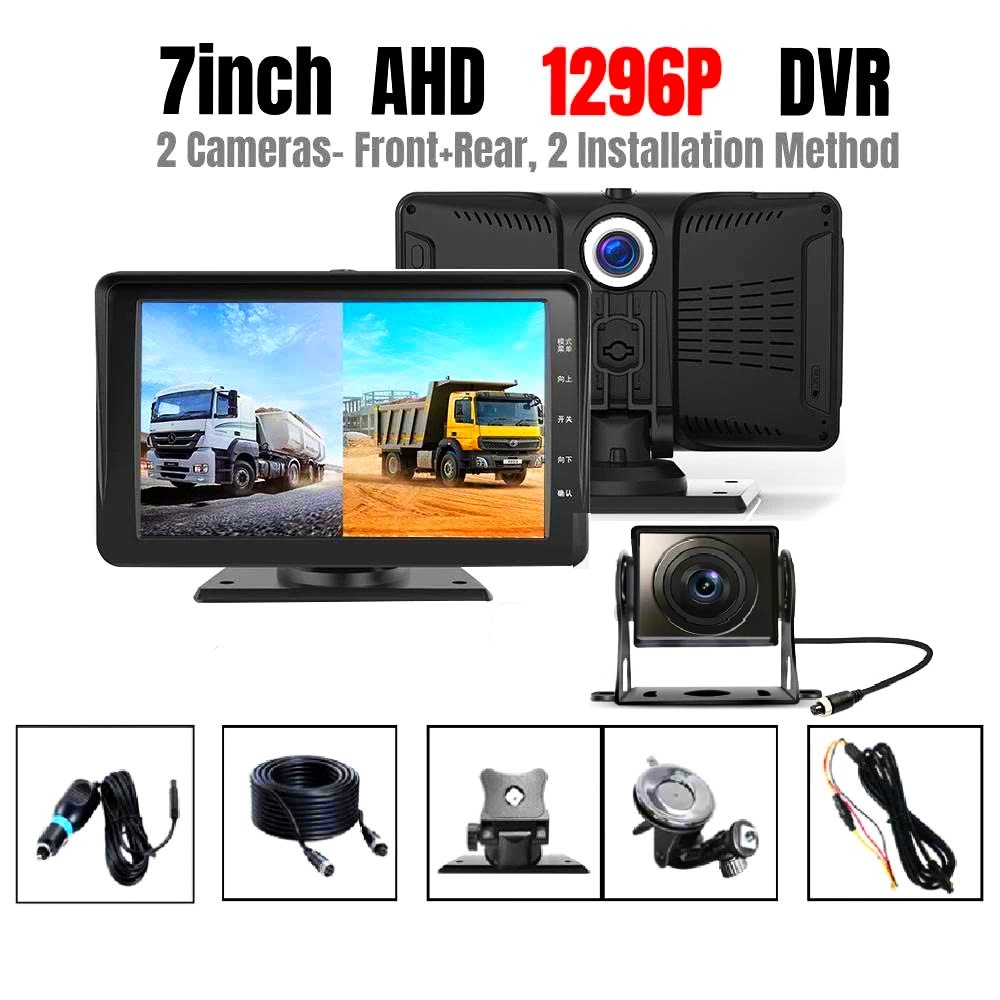Camera Hành Trình Xe Tải 2 Mắt GT7 24V FHD 1296P 128GB MH IPS 7 Inch Camera Sau AHD Ghi Hình Cùng Lúc Trước Và Sau Xe Cực Rõ Nét