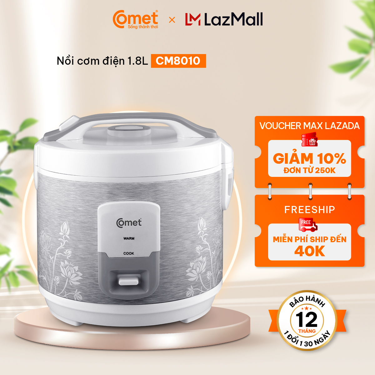 Nồi cơm điện nắp gài 1.8L Comet CM8010 , chống dính 2 cấp độ, phù hợp 4-6 người ăn - Hàng chính hãng - Bảo hành 12 tháng