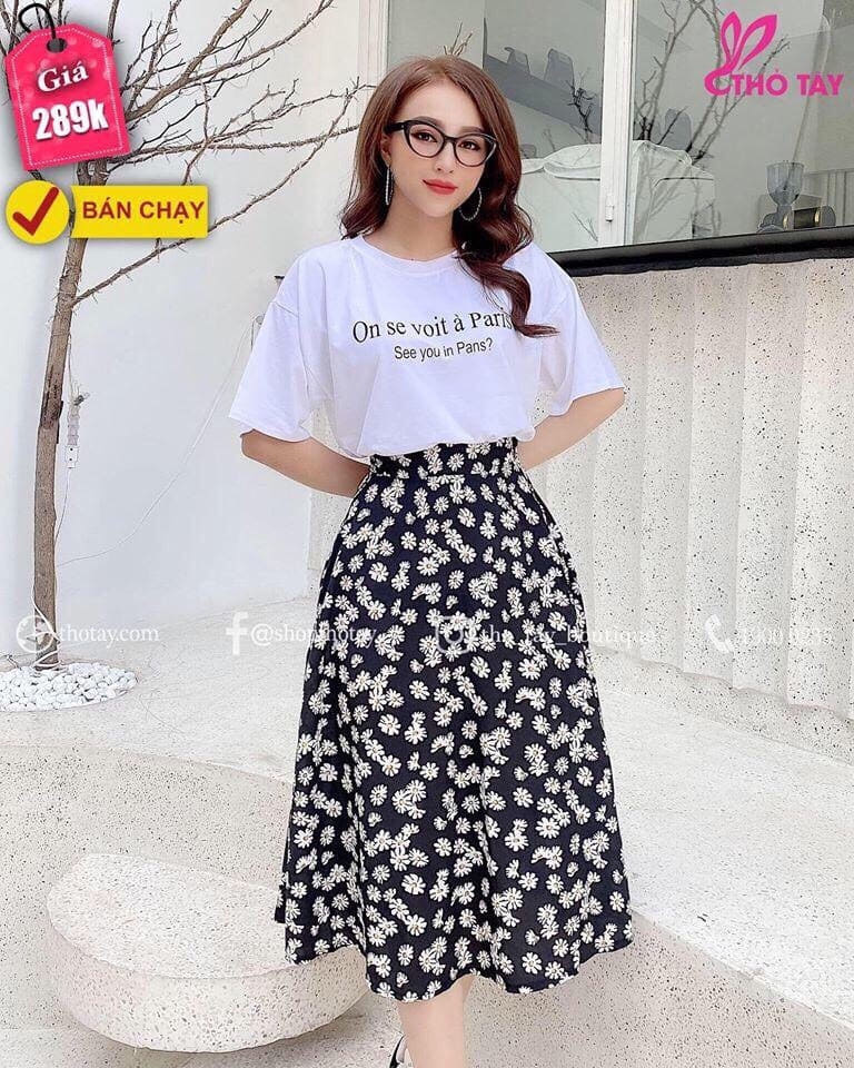 Set Nữ Áo Kèm Chân Váy Hoa Cúc Chấm Bi Tinh Tế Thời Trang TT