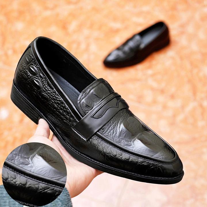 Minh Nhân - Giày Công sở nam da bò Giày lười nam da bò Penny Loafer kiểu đẹp hàng hiệu giá rẻ in vân cá sấu D-10 màu đen