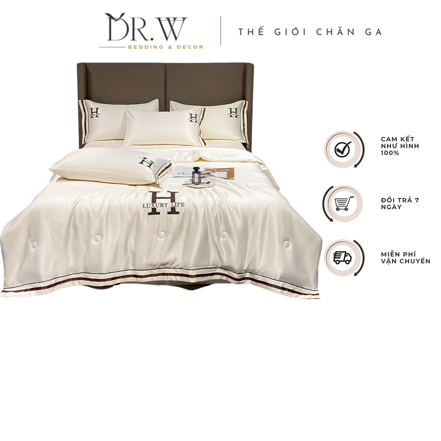 Bộ chăn ga gối set 4 món phi lụa chữ H mang phong cách tân cổ điển, chăn trần bông sẵn DR.W cao cấp bo chun drap giường - Thế Giới Chăn Ga
