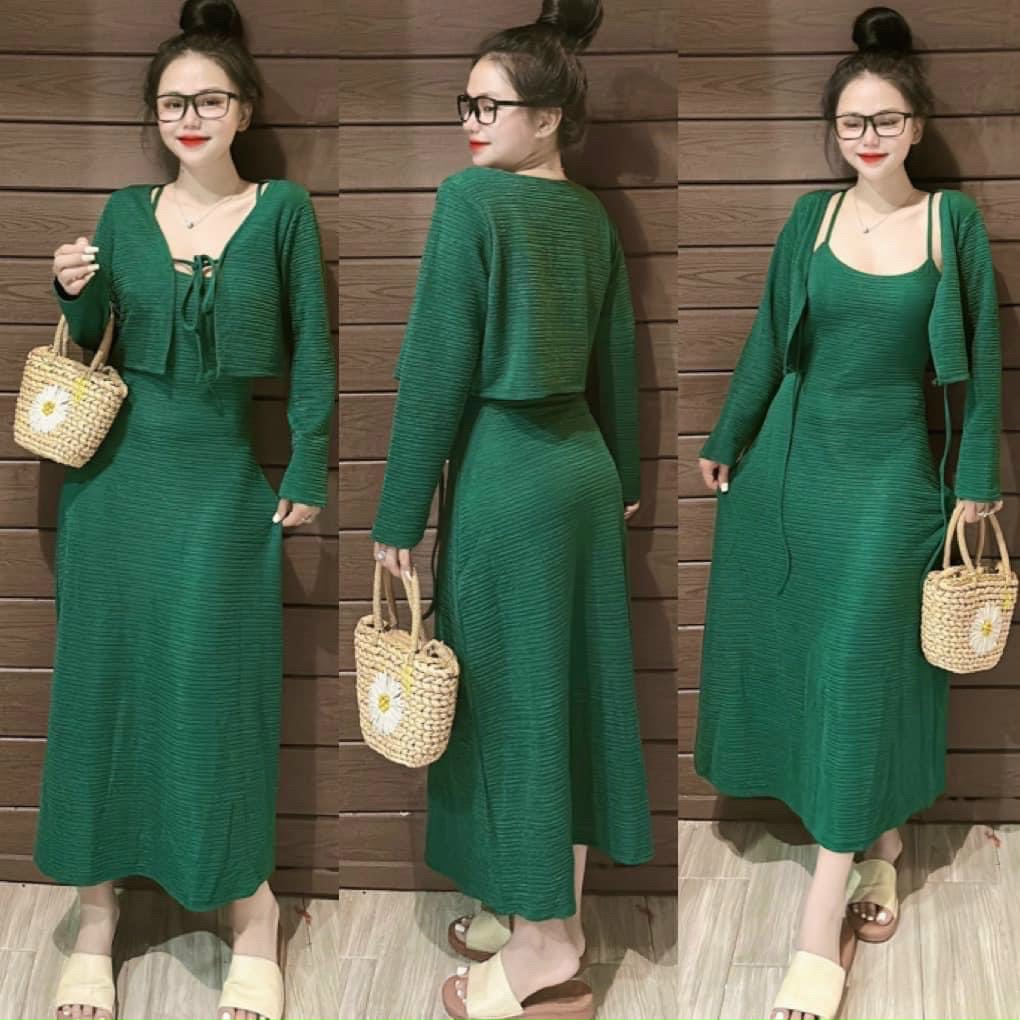 Sét 2 món ao khoác tay dài dây cột nơ ngực kèm đầm hai dây suông dài chất xốp nhật cao cấp