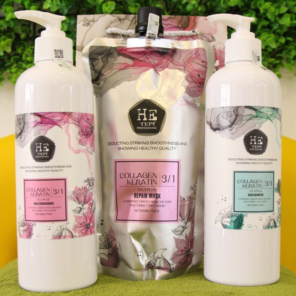 [HCM]( NEW ) BỘ 3 SẢN PHẨM GỘI XẢ VÀ HẤP PHỤC HỒI TÁI TẠO TÓC HƯ TỔN KERATIN COLLAGEN HE TEPI 500ML X 3