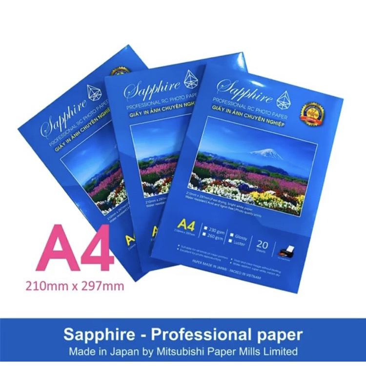 Giấy in ảnh Sapphire RC Glossy A4 230gsm - Chính hãng Nhật Bản, giấy in ảnh 1 mặt, dùng cho máy in phun