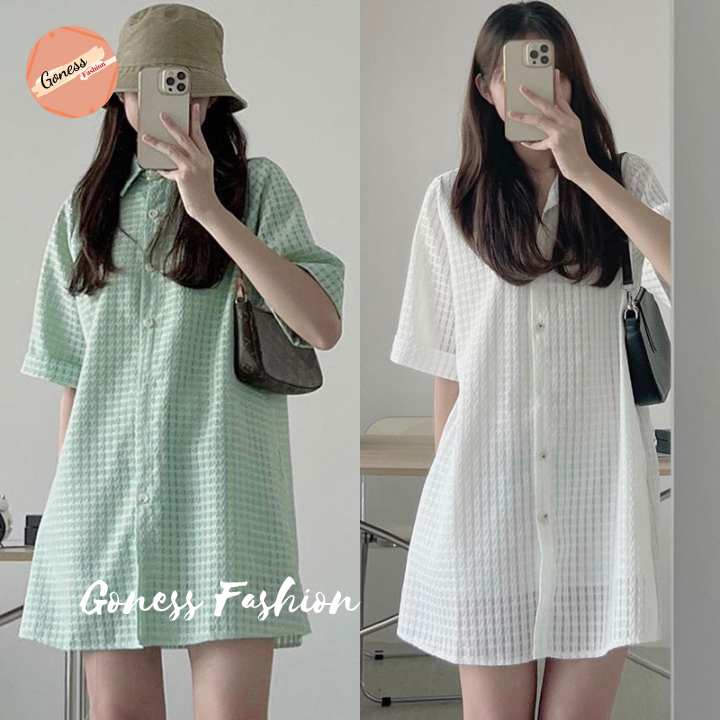 Váy sơ mi Goness đầm nữ tay ngắn lỡ dáng suông A basic chất vải gân xốp 2 màu xanh trắng đẹp