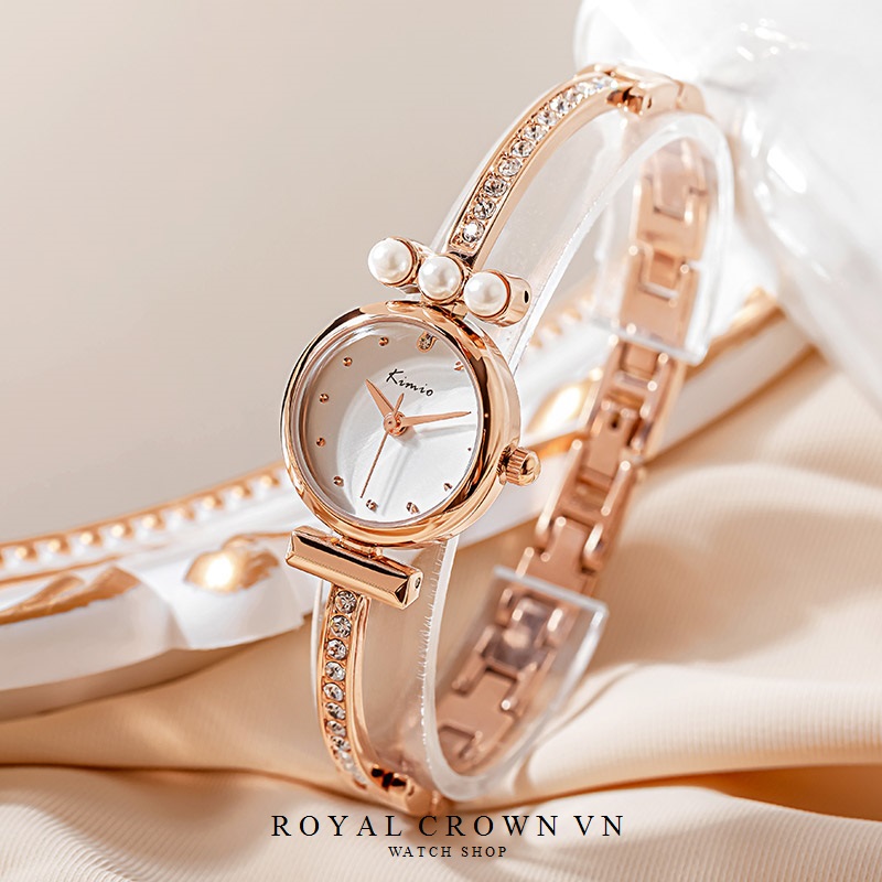 Đồng hồ nữ Kimio 6475 đính đá ngọc trai mặt tròn may mắn nữ tính (Bảo hành 12 tháng +  Tặng kèm pin)