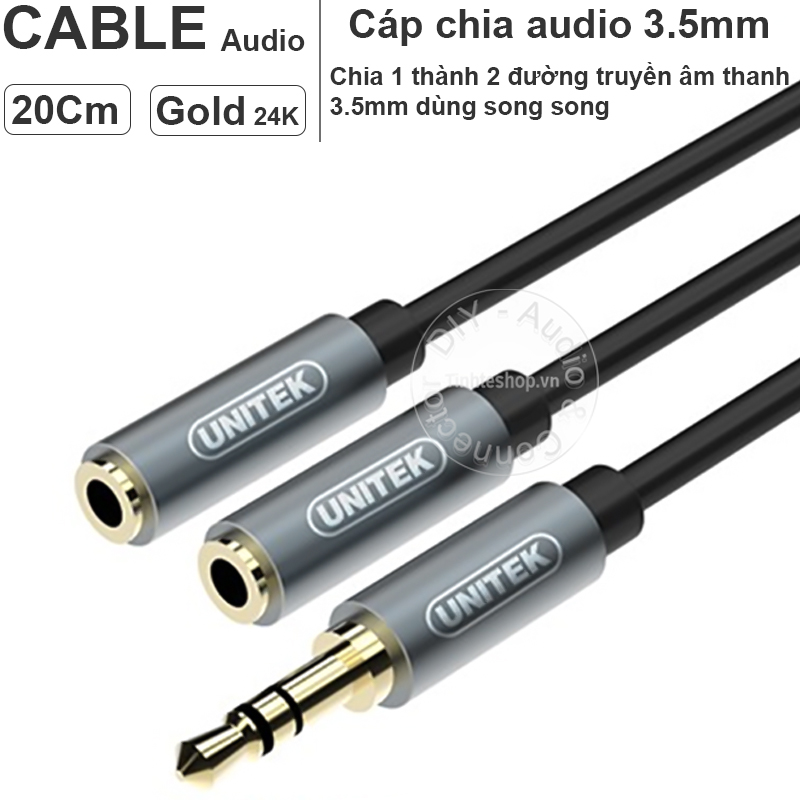 Cáp chia audio 2 cổng 3.5mm 20cm lõi đồng tinh khiết ofc 4n mạ vàng 24k unitek y-c956abk