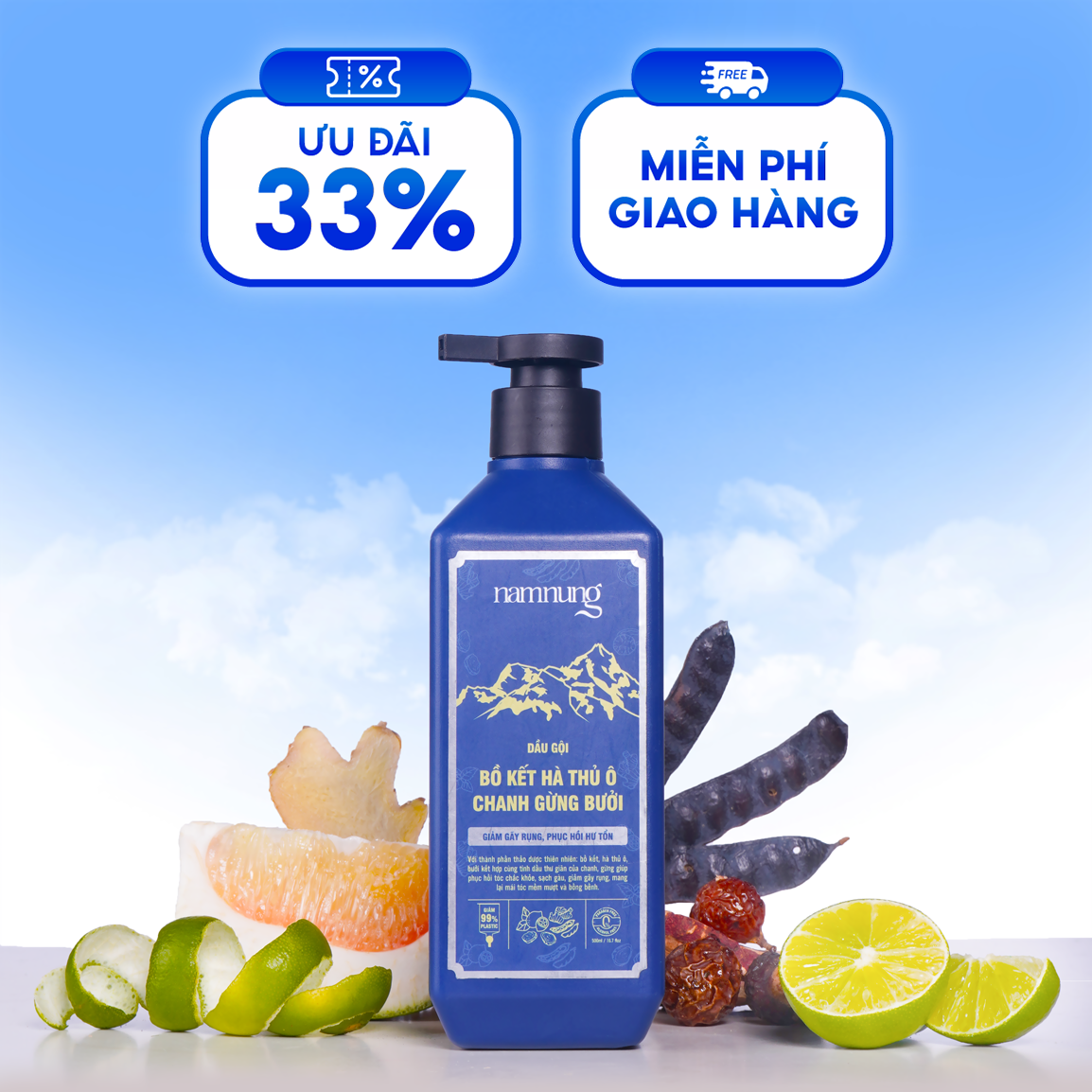Dầu gội thảo dược NAM NUNG bồ kết hà thủ ô chanh gừng bưởi 500ml