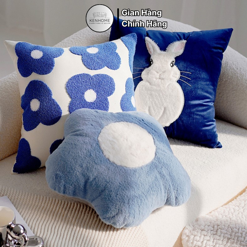 Gối sofa họa tiết xanh dương hiện đại, gối trang trí sofa cao cấp họa tiết dễ thương, kích thước 45x45cm, kenhome