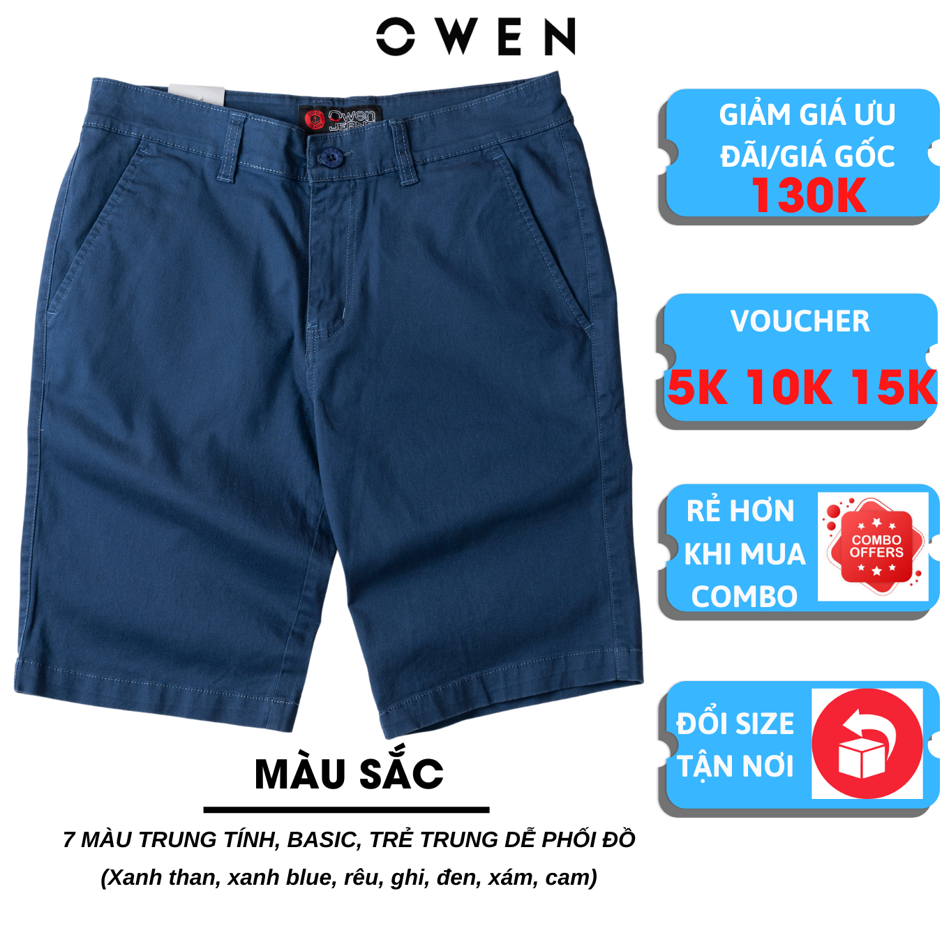 quần short nam OWEN màu xanh than, chất kaki cotton cao cấp, co giãn, trẻ trung, dáng suông slimfit năng động