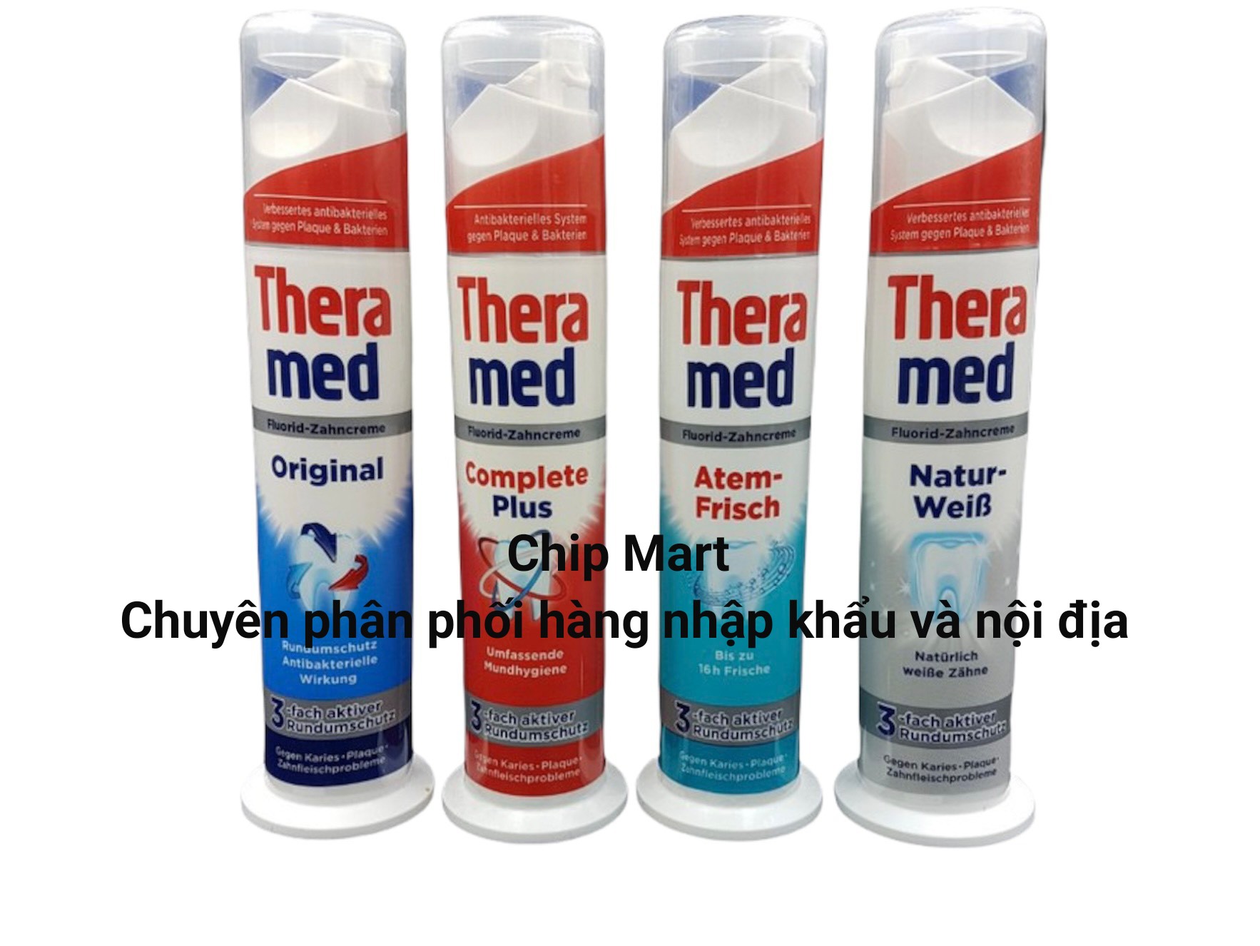 Kem đánh răng Theramed 4 loại xuất xứ Đức dạng ống 100ml giúp giảm hình thành cao răng, loại bỏ mảng bám, ngừa sâu răng, vi khuẩn và các vấn đề về nướu