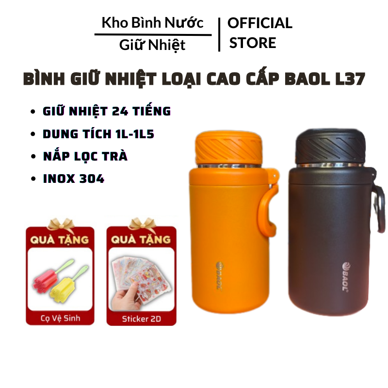 Bình giữ nhiệt baol l37 inox 304 dung tích 1000ml/1500ml - bình giữ nhiệt inox 304 cao cấp giữ nhiệt 24 tiếng kèm cọ bình + sticker