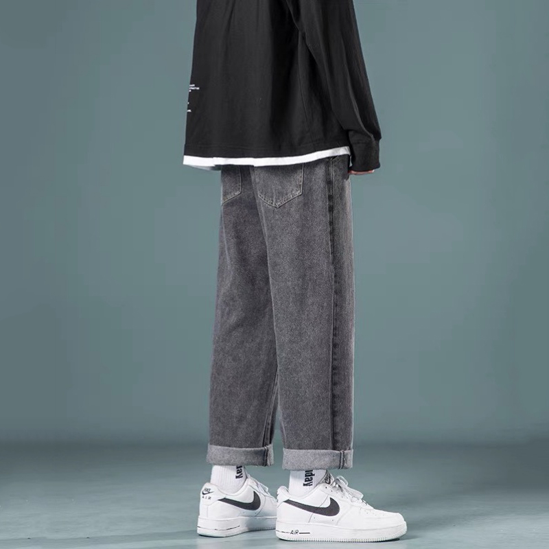 Quần Bò Baggy Nam Xám Trơn Dáng Đứng Ống Suông Rộng Chất Vải Jeans Co Giãn Nhẹ Kiểu Dáng Cạp Cao