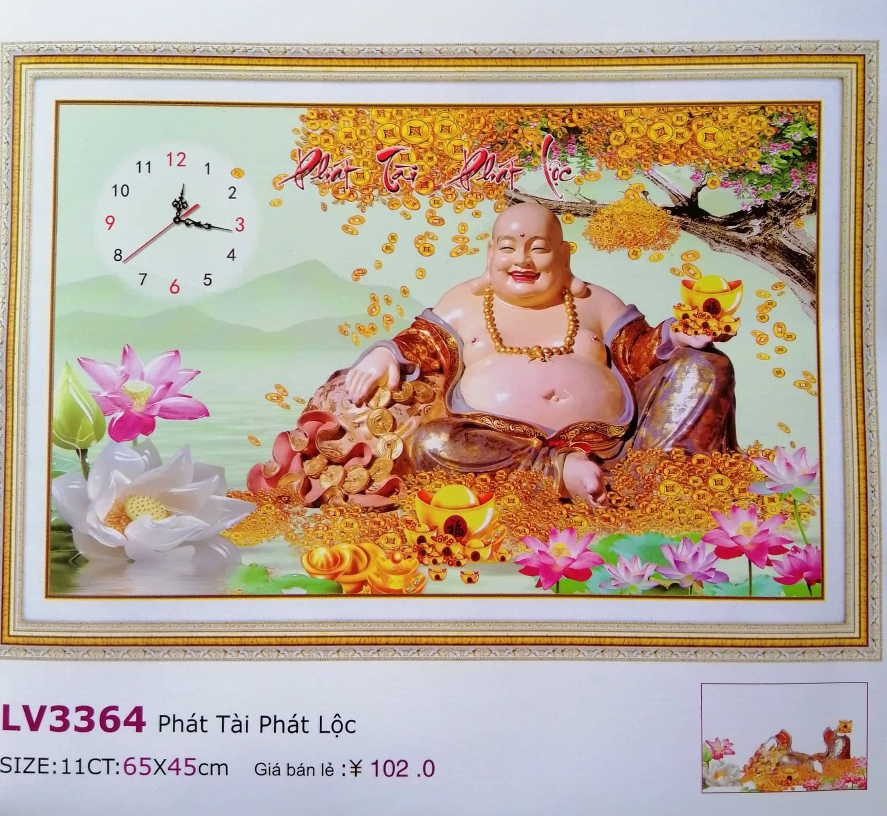 Tranh thêu chữ thập đồng hồ Phật di lặc LV3364