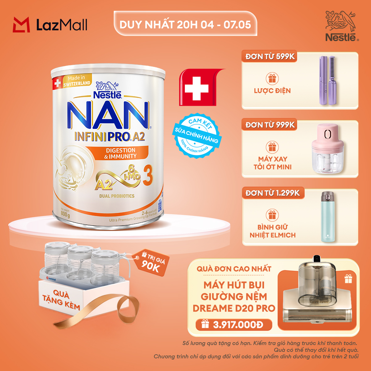 [CHỈ 20H 04-07.05 QT Đơn 599k/999k/1299k] [Tặng Set 3 hũ gia vị INOCHI] Sữa bột Nestlé NAN INFINIPRO A2 3 800g nhập khẩu Thụy Sĩ  với công thức đầu tiên chứa đạm A2, 6HMO  Lợi khuẩn kép