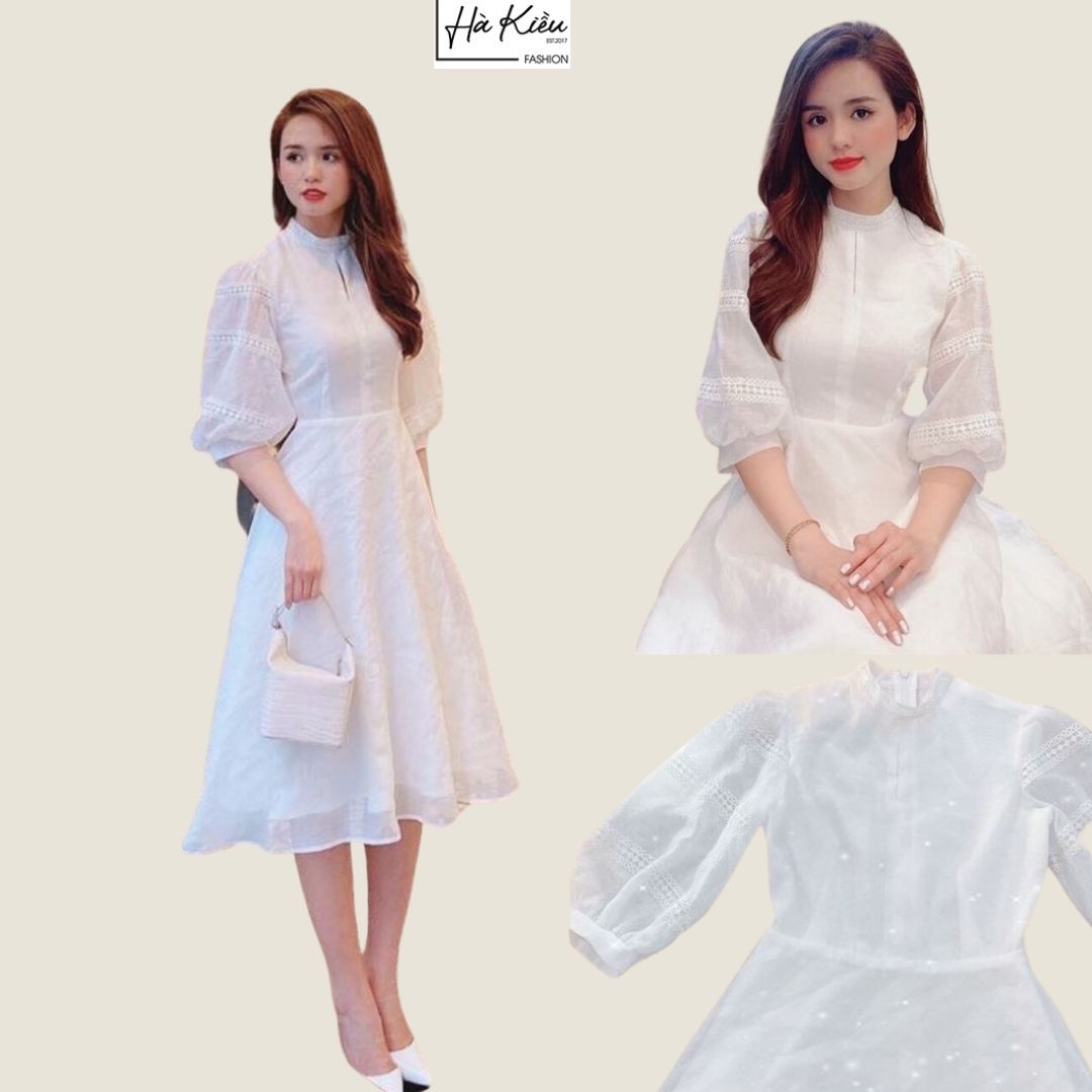Đầm trắng dự tiệc cưới đầm xòe bánh bèo công sở phối viền ren công chúa tiểu thư dự tiệc sang trọng Hà Kiều MSP057 chất Lụa cao cấp