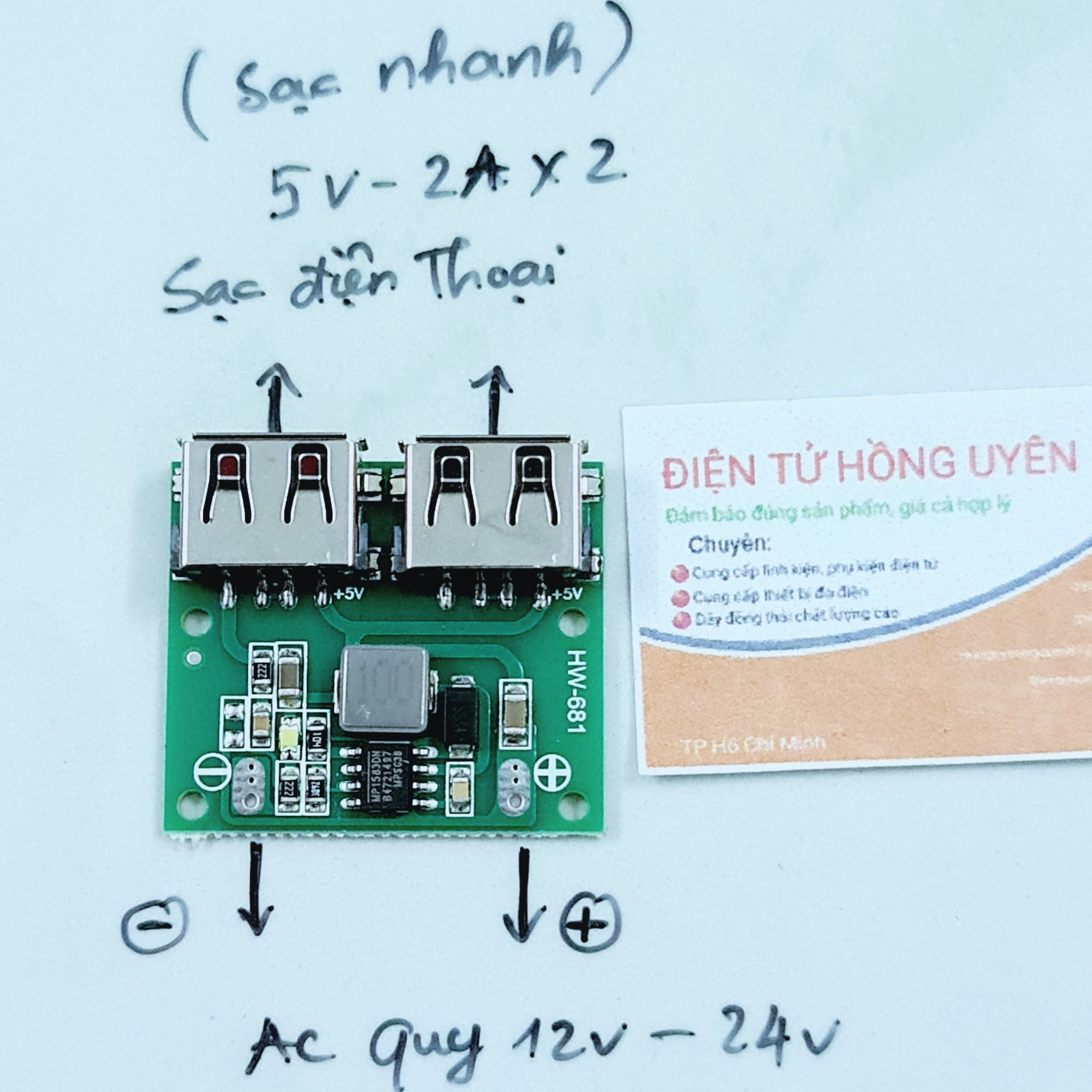 Mạch sạc điện thoại 2 usb 5v 3a . chế sạc điện thoại trên ô tô, xe máy, bình acquy...12v - 24v