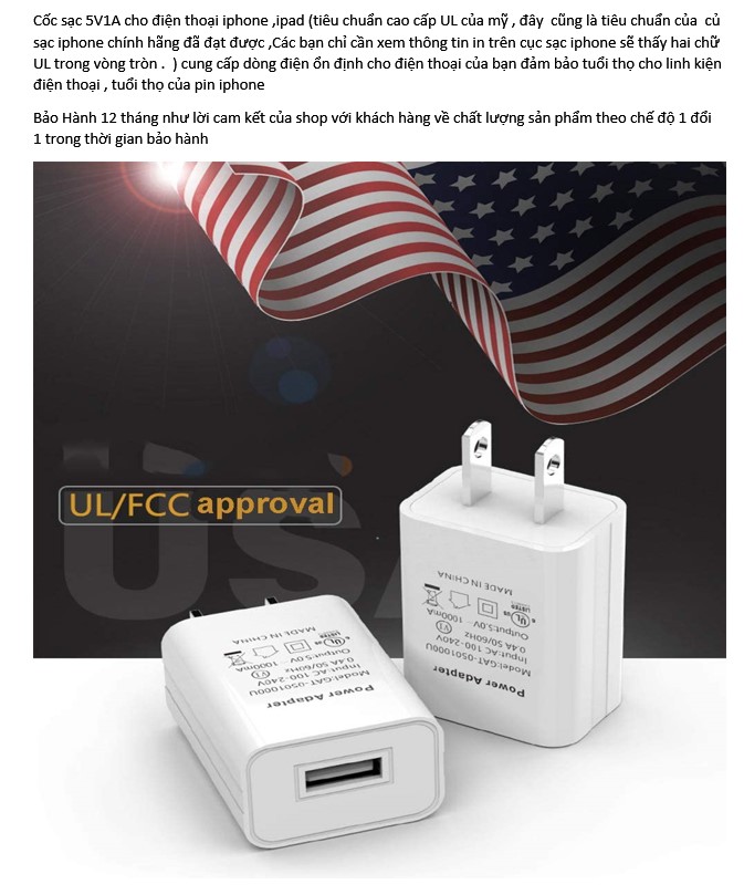 Cốc sạc 5V1A cho điện thoại iphone ,ipad(tiêu chuẩn cao cấp UL của mỹ ,cũng là tiêu chuẩn của củ sạc iphone chính hãng