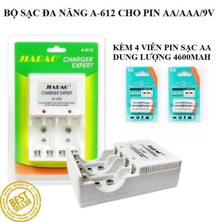 Bộ sạc pin đa năng jiabao a612 cho pin aa-aaa-9v kèm 4 viên pin sạc aa