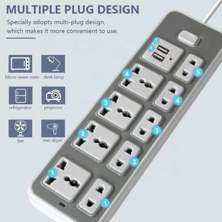 Ổ power plug smart 5 plugs, 2 ports USB charger, 9 universal socket wire long 1.8 meters-drive electric multi-purpose have switch, intelligent electric, power plug anti-shock, plug multi-purpose