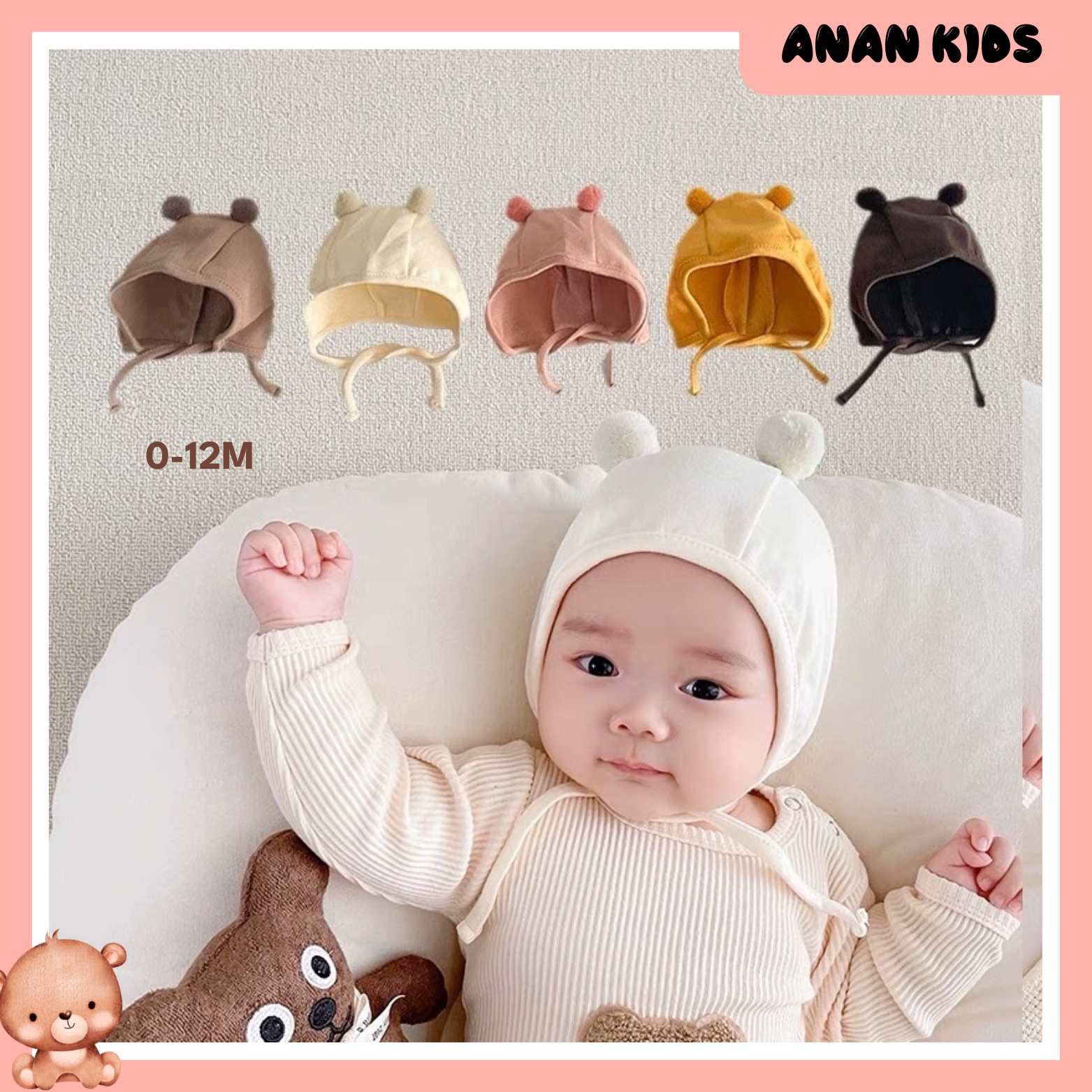 Mũ Cotton Hai Cục Bông Hàng QC 2 Lớp Dày Dặn, Có Dây Buộc Siêu Cute Cho Bé Sơ Sinh 0-12M