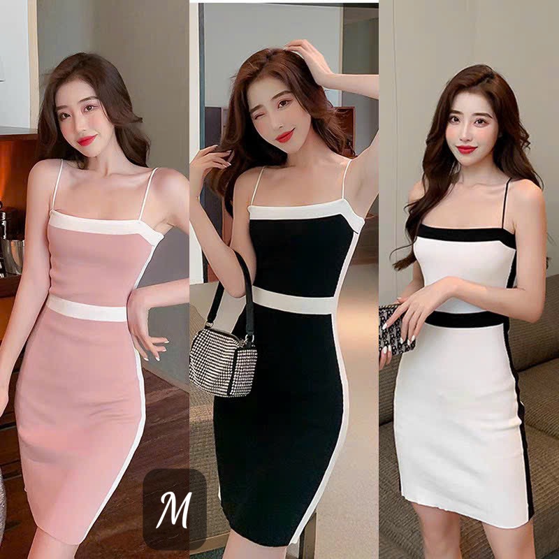 Đầm 2 dây kiểu viền màu bản toàn đầm ôm body dáng ngắn xẻ tà nhẹ sau cực hot hit , chất thun gân mềm mịn