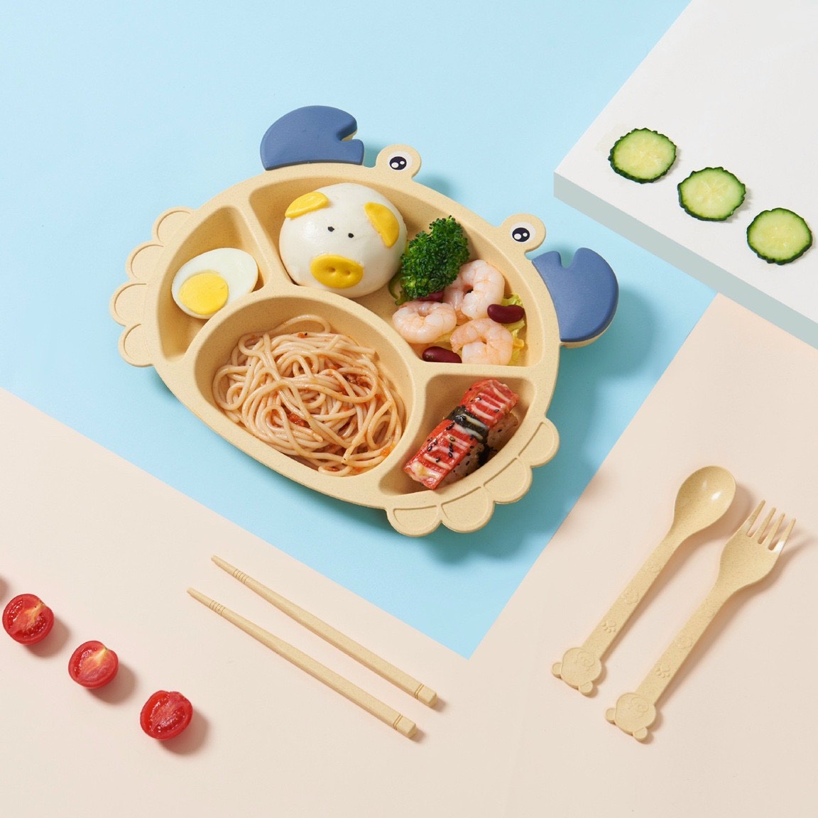 Khay ăn dặm lúa mạch chia ngăn cho bé set 6 món con cua có tách lẻ
