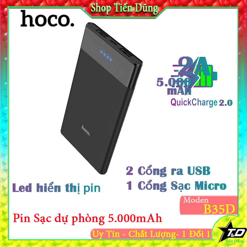Pin sạc dự phòng mini hoco b35d 2 cổng usb dung lượng 5000mah - pin sạc dự phòng dung lượng 5000mah siêu mỏng nhỏ gọn tiện ích