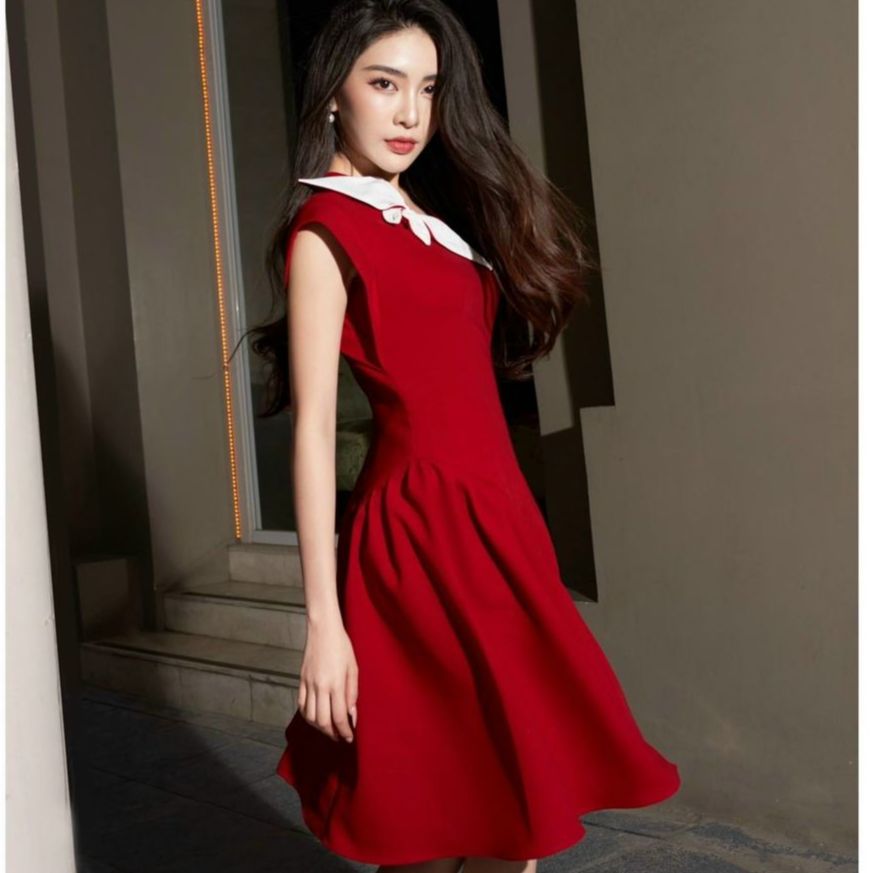 Đầm nữ dự tiệc cổ tim đính nơ không tay màu đỏ dịp lễ tết nhẹ nhàng gợi cảm