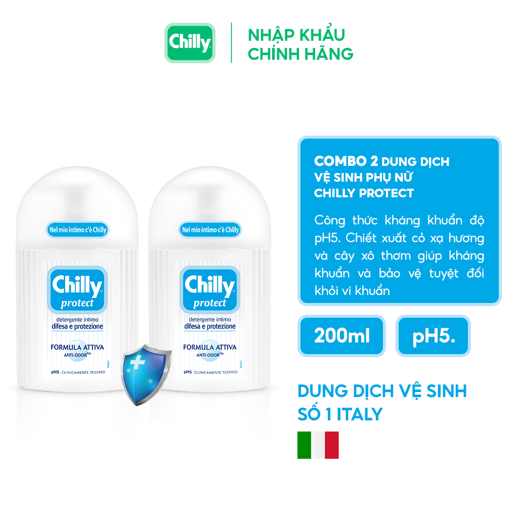 Combo 2 chai dung dịch vệ sinh phụ nữ chilly protect kháng khuẩn khử mùi hôi 200ml/chai