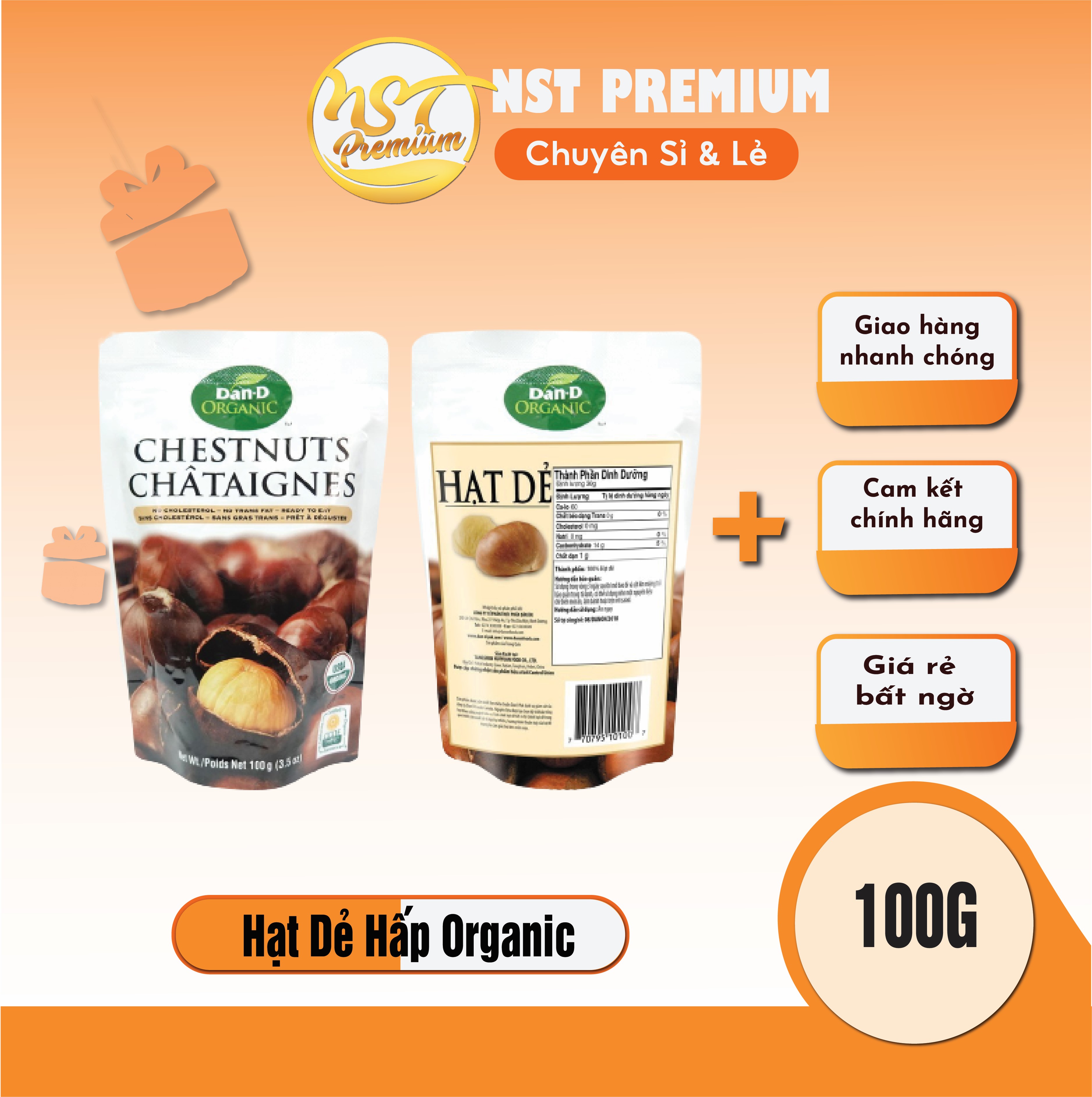 Hạt dẻ hấp chesnut organic 100gr dan.d pak hấp sẳn ăn liền