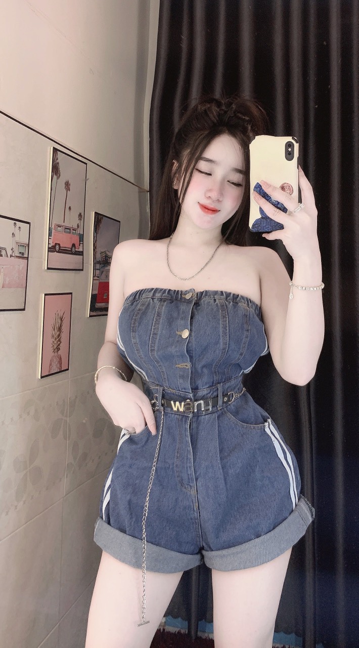 Jumpsuit, Jum đùi jean nữ, jum jean cup ngực đùi viền sọc kèm nịt siêu xinh