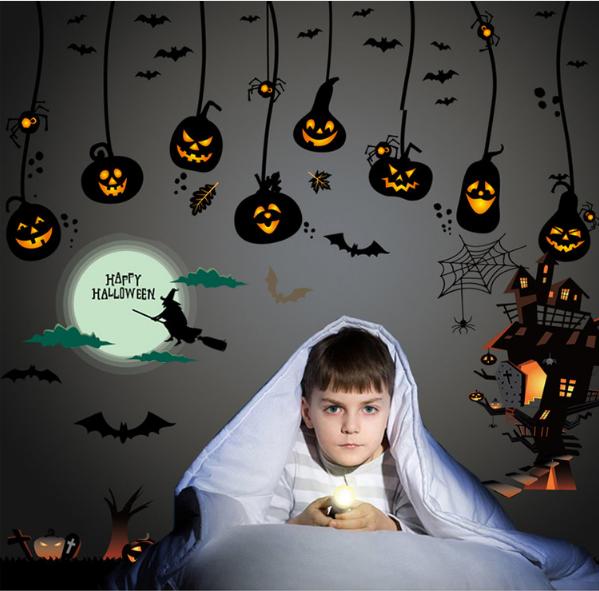 Combo decal dán tường - rèm dây kết hợp thành phố halloween