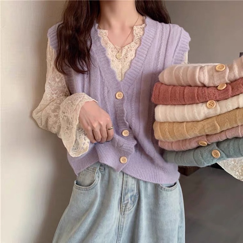 Áo Gile Len Dệt Kim Cổ V Màu Trơn Có Cúc Bassic Kiểu Hàn Quốc Xiaozhainv vn K-40