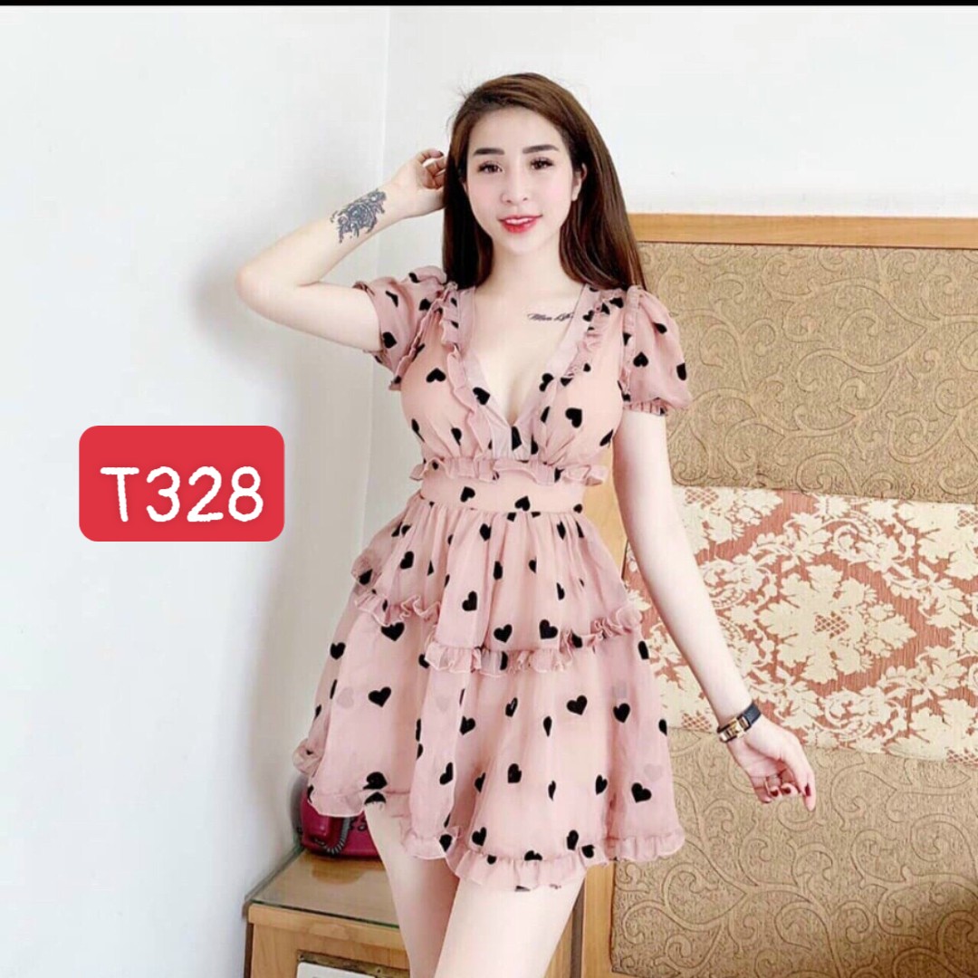 Đầm xoè nhún bèo trái tim tay ngắn dạo phố dự tiệc quá đẹp T328
