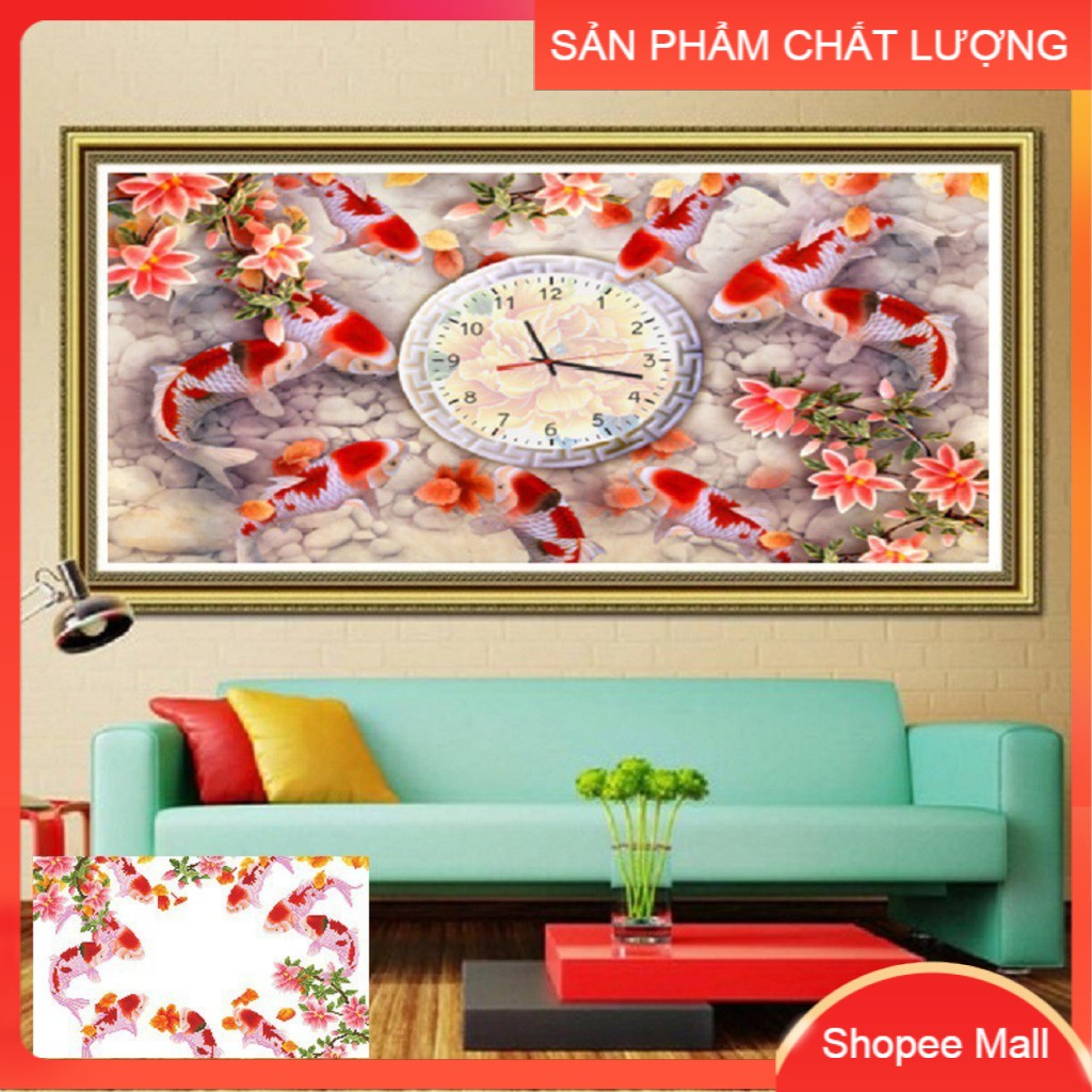 Tranh đính đá đồng hồ cửu ngư quần hội dd9308 kích thước 75*50cm