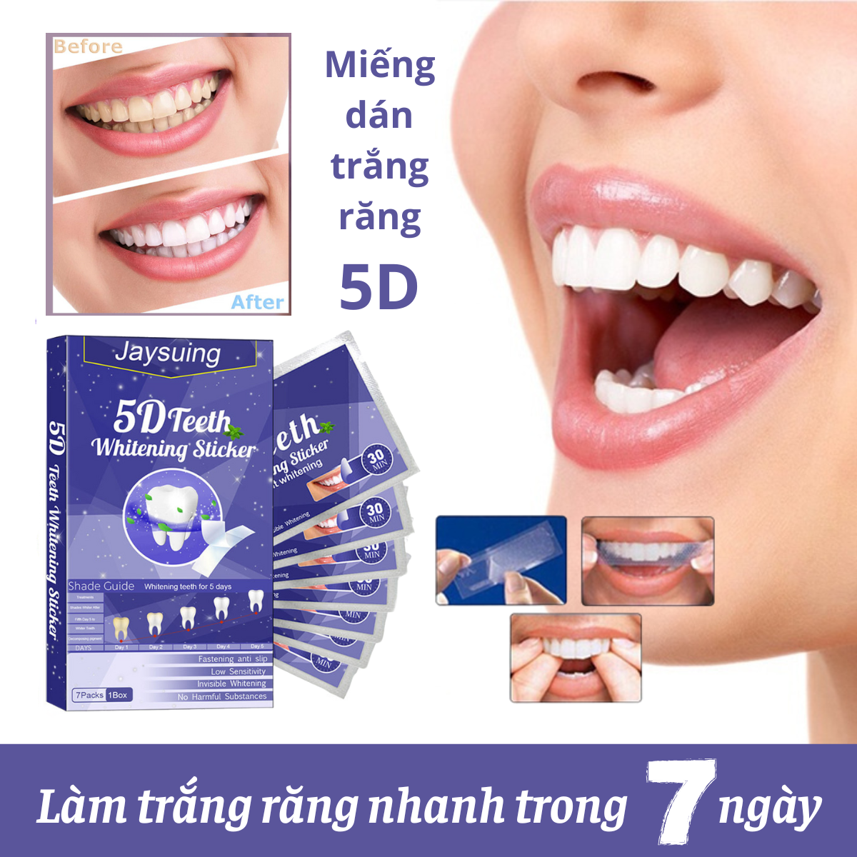 Miếng dán trắng răng , loại bỏ vàng răng, hôi miệng chỉ sau 30 phút dán 5d teeth whitening stiker