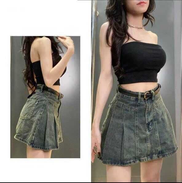 Chân váy jean ngắn xếp ly form đẹp