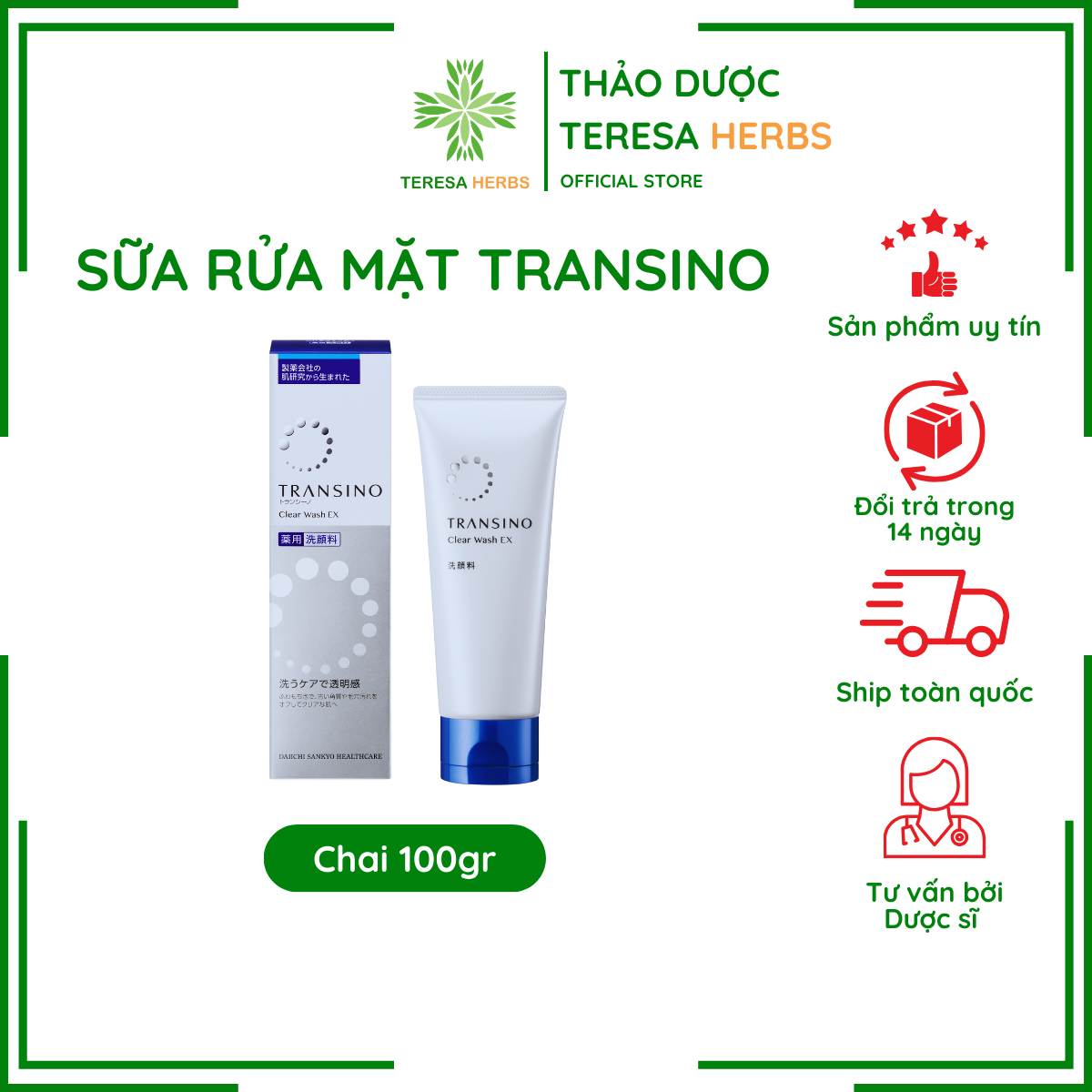 Sữa rửa mặt trắng da, hỗ trợ giảm nám Transino Clear Wash 100g