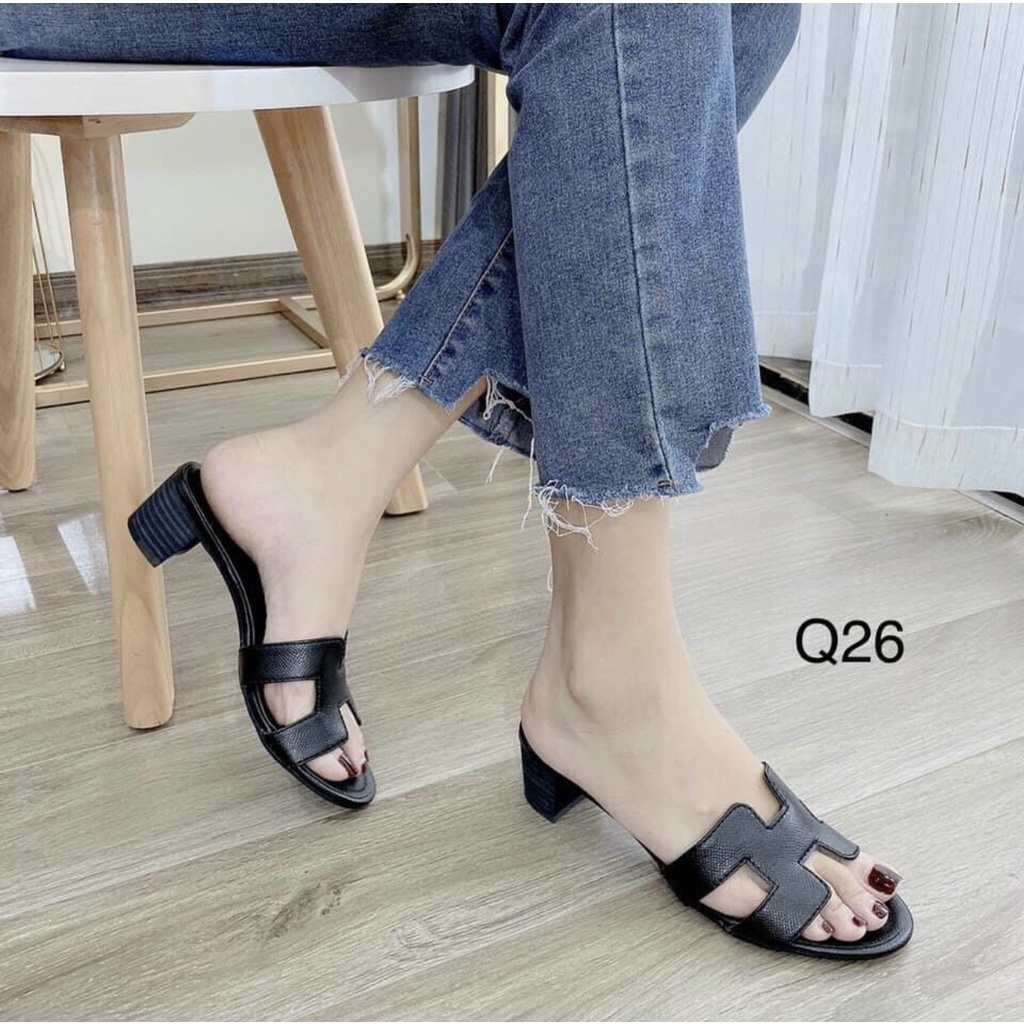 Dép guốc nữ gót vuông 5 phân chữ H - HM ,guốc cao gót HM vân da rắn