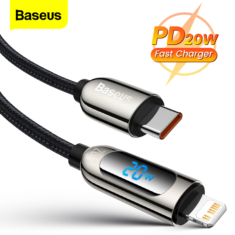 Baseus Cáp USB C to Lightning PD 20W Cáp USB C Màn hình kỹ thuật số Cáp sạc nhanh cho iPhone 13 12 11 Pro Max Dây dữ liệu điện thoại di động