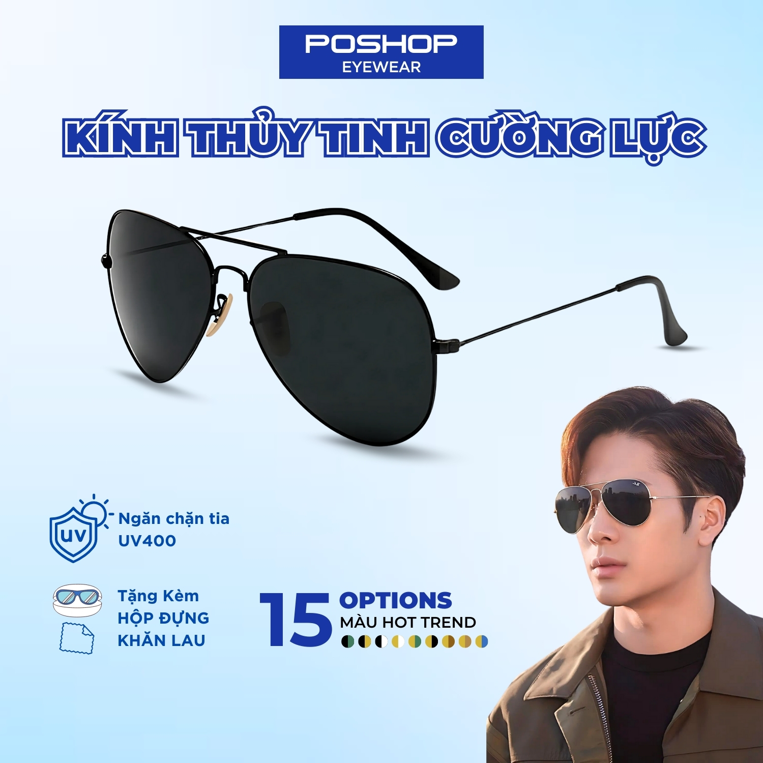 Kính Mát Nam Tròng Thủy Tinh POSHOP Mắt Kính Râm Gọng Kim Loại Phi Công Đổi Màu Chống UV400 3026