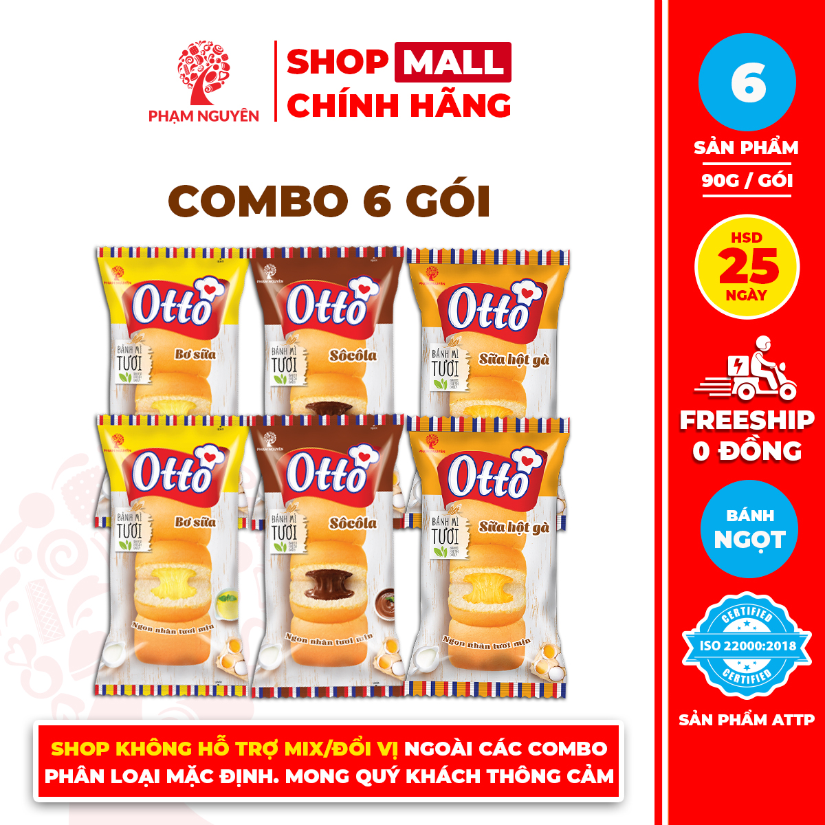 Combo 6 Gói Bánh Mì Tươi Otto Nhân Kem 90g | Bánh ăn sáng | Bánh mì tươi